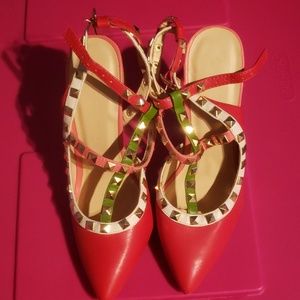 Red, green, light pink heels shoes